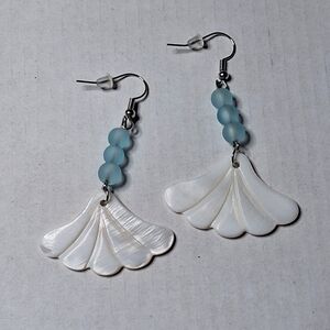 Artisan Dangle Earrings MOP Fan Light Blue Glass Beads Silver Fish Hook Nautical